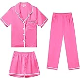 QPANCY Kids Satin Pajamas Sets Boys and Girls Silk Button Down 3 Pieces Pjs Silky Loungewear Clothes Set