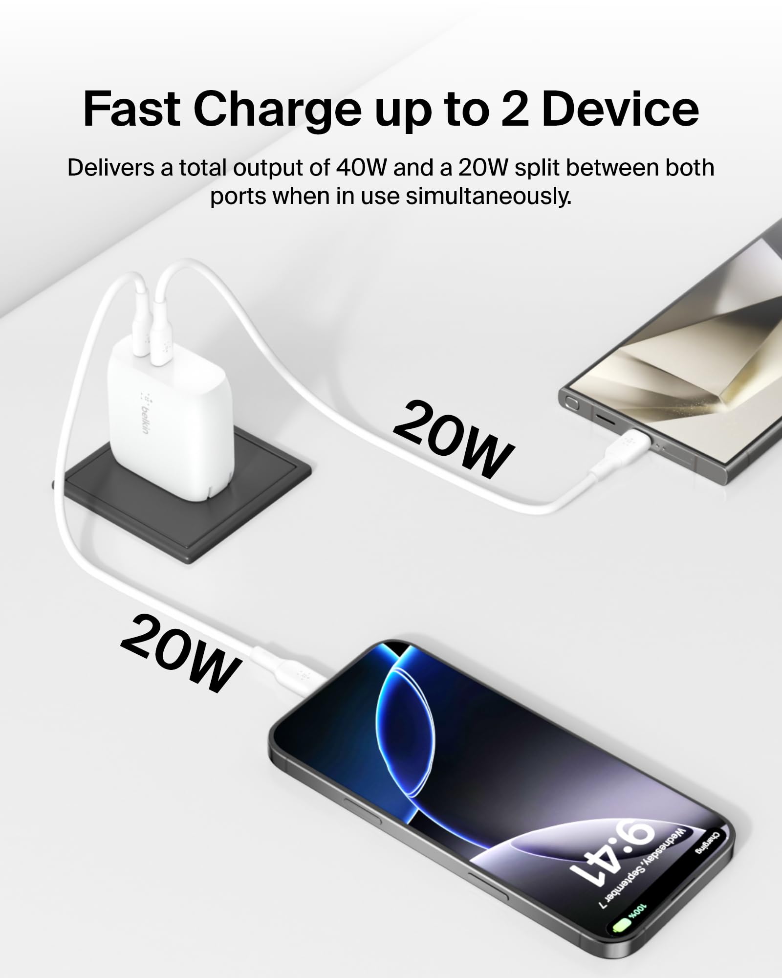 Belkin Dual Port USB C Charger Block 40W, USB-C Charger Fast Charging for iPhone 16, 15, 14, 13, Pro, Pro Max, Plus, Samsung Galaxy S25, Pixel , iPad, AirPods, Nintendo Switch 2 & More - White