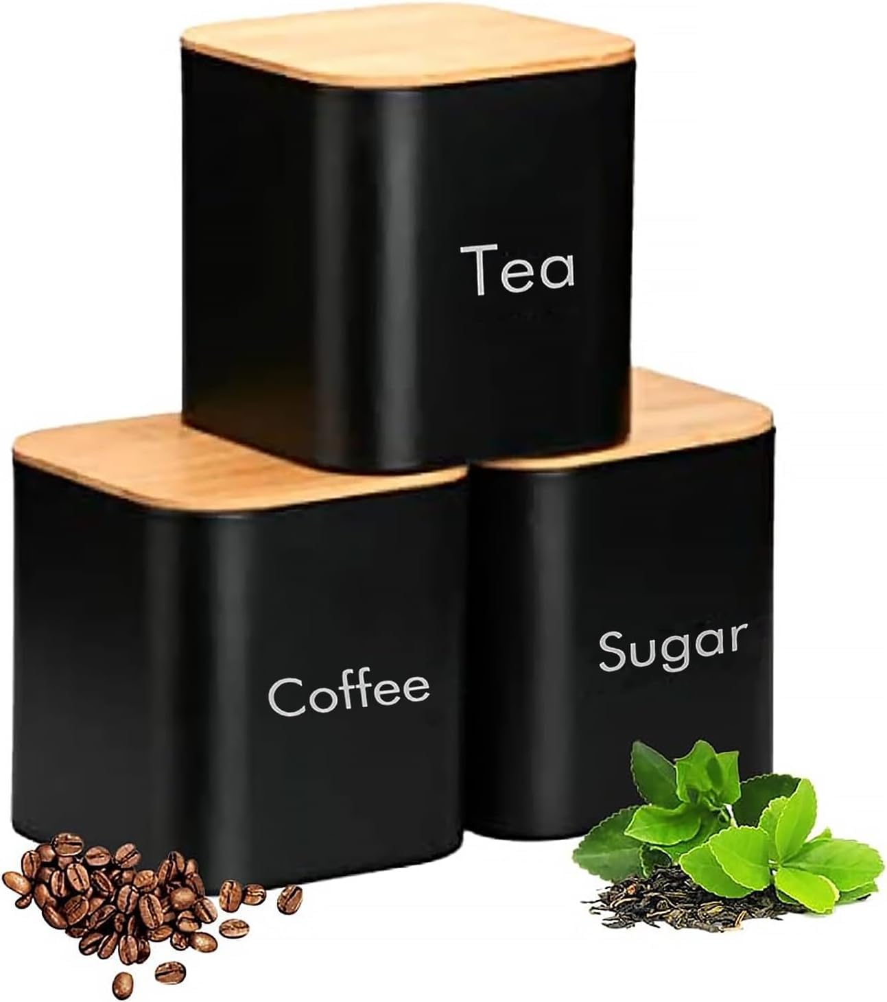 Tuzsocr 3 Pack Tea Sugar Coffee Canister Set with Bamboo Lids Kitchen Storage, 10 X 10 X 12CM