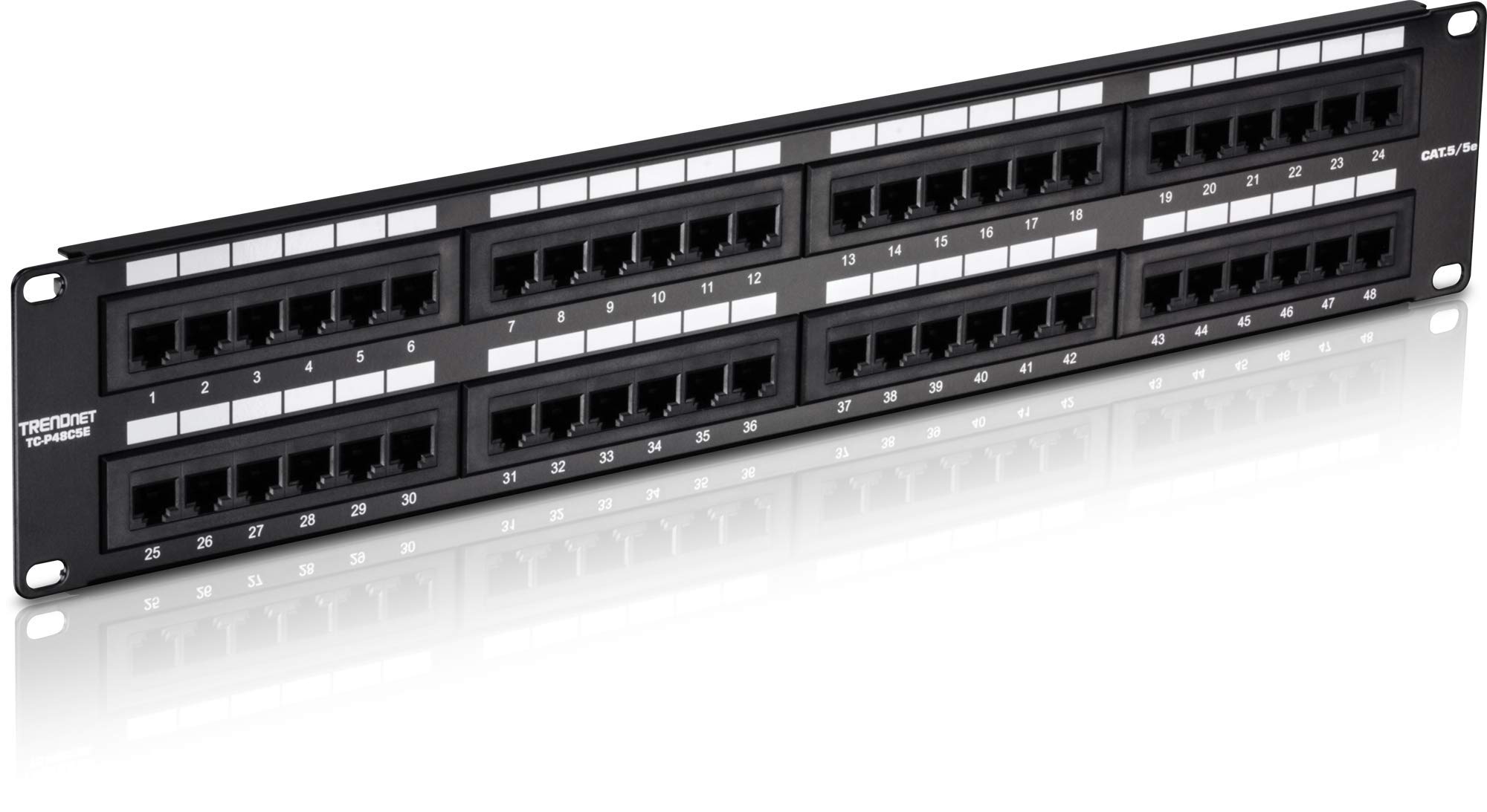 TRENDnet 48-Port Cat5-5e RJ-45 UTP Unshielded Patch Panel, Wallmount Or Rackmount, 100Mhz, Cat5e Krone Connectors, Color-Coded Labeling, Cat3,Cat5e,Cat4,Cat3 Compatible, 2U Rackmount, Black, TC-P48C5E