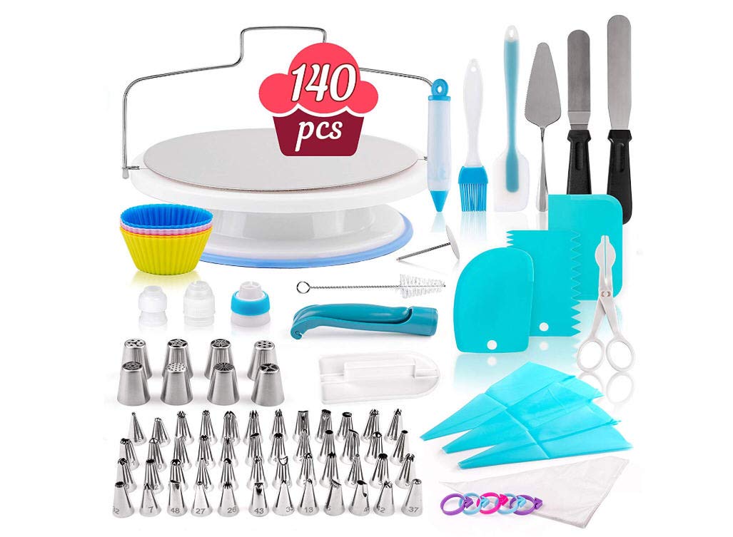 LW Silicone and Stainless Steel Baking Supplies and Dessert Making Set with Turntable, Spatula, Russian Nozzles, Pastry Bags, Couplers, Scrapers