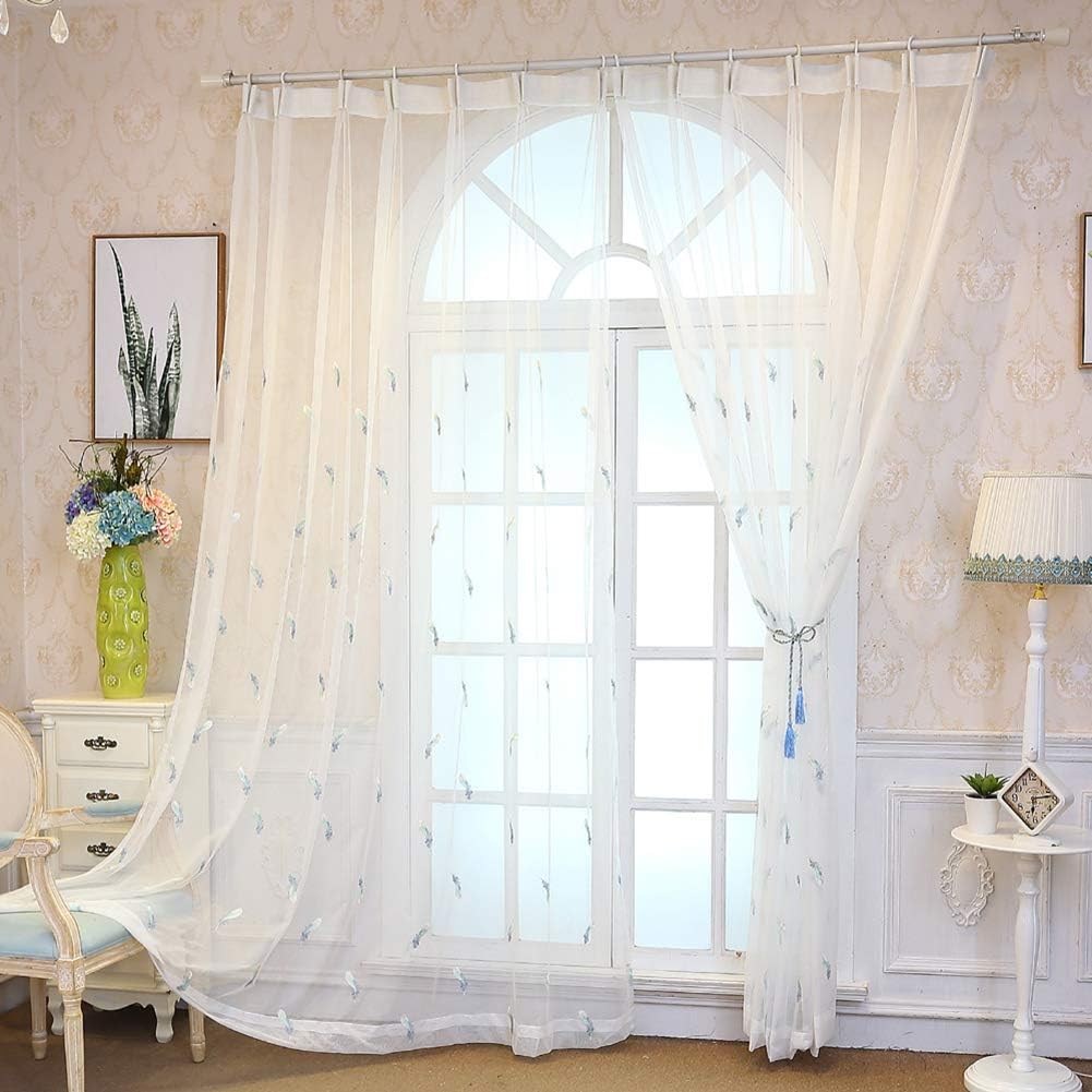 Cortinas Ventana, Bordada Translúcida Cortinas con Ojales De Dormitorio