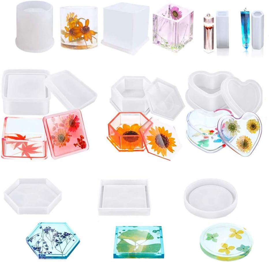 InFreesh 10PCS Resin Moulds Silicone, Epoxy Resin Moulds Include Hexagonal, Square, Heart-Shaped Craft Box Moulds