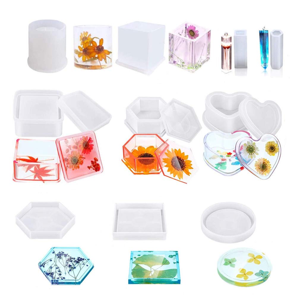 InFreesh 10PCS Resin Moulds Silicone, Epoxy Resin Moulds Include Hexagonal, Square, Heart-Shaped Craft Box Moulds, DIY Resin Coasters, Cylindrical Silicone Moulds, Resin Kits for Beginners