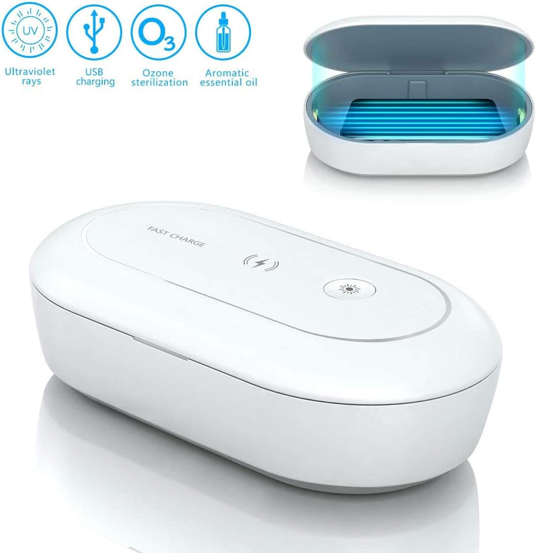 AOGUERBE UV Cell Phone Sanitizer and Wireless Charger Aromatherapy Multi-Function Disinfection 3-in-1 Sterilizer Box for iPhone Android Cellphone Bluetooth Earphones Watches