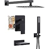 HoliSpa Black Shower System with Tub Spout, All Metal Tub Shower Faucet Set with 10" Rain Shower Head and Handheld Spray combo, Wall Mounted Tub Shower Systems with Valve and Trim Kit, Matte Black