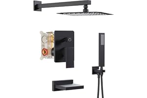 HoliSpa Black Shower System with Tub Spout, All Metal Tub Shower Faucet Set with 10" Rain Shower Head and Handheld Spray combo, Wall Mounted Tub Shower Systems with Valve and Trim Kit, Matte Black