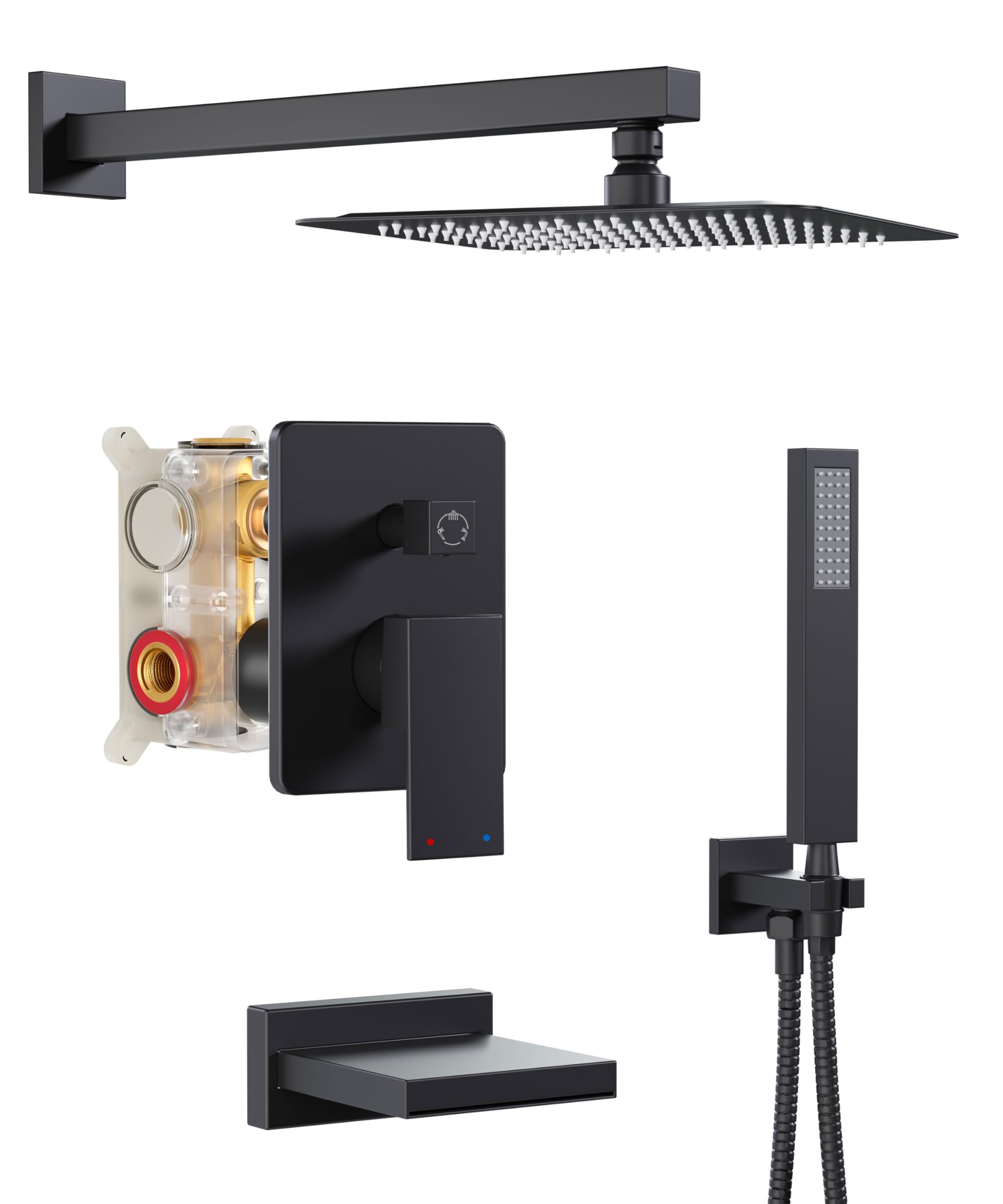 Photo 1 of **missing parts** HoliSpa Black Shower System with Tub Spout, All Metal Tub Shower Faucet Set with 10" Rain Shower Head and Handheld Spray combo, Wall Mounted Tub Shower Systems with Valve and Trim Kit, Matte Black