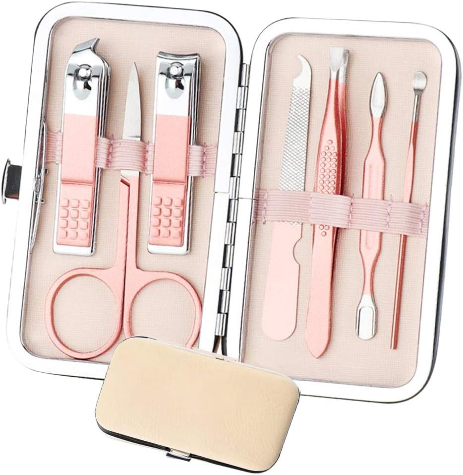 Manicure Set, Nail Clipper Pedicure Kit, 7 In 1 Black Stainless Steel Professional Grooming Kit with Black Leather Travel Case (Pink 7pcs)