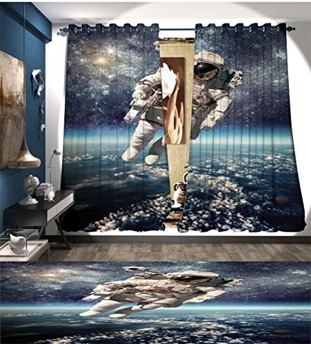 MartinDecor Galaxy Blackout Window Curtain Astronaut Floats Outer Space with Planet Earth Globe Surreal Gravity Image Space Art Customized Curtains Grey Blue