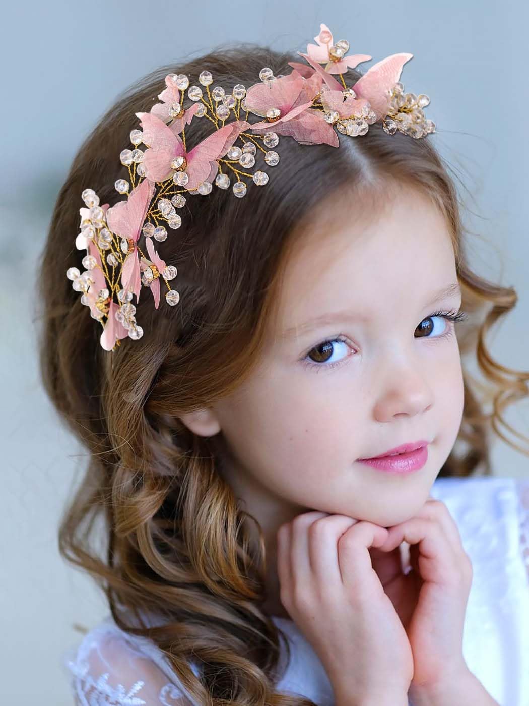 IYOU Butterfly Girls Wedding Headband Crystal Red Communion Headpiece Bridal Bridesmaid Hair Accessories for Flower Girls