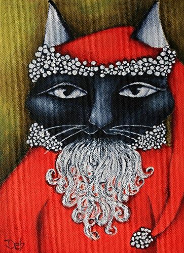 Cat "Santa Cat" Small Print on Wood, Folk Art Black Cat, 5" X 3.5" by Deb Harvey