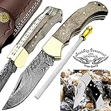 WalNut Wood 6.5'' Handmade Damascus Steel Brass Bloster plus Sharpening Rod Folding Pocket Knife Back Lock 100% Prime Quality