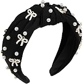 TEBIEKOY Cute Knotted Headbands for Women, Trendy Bows and Pearl Wide Head Band Non Slip Hairhoop, Thick Elastic Hairband for Womens Hair Black Hair Accessories