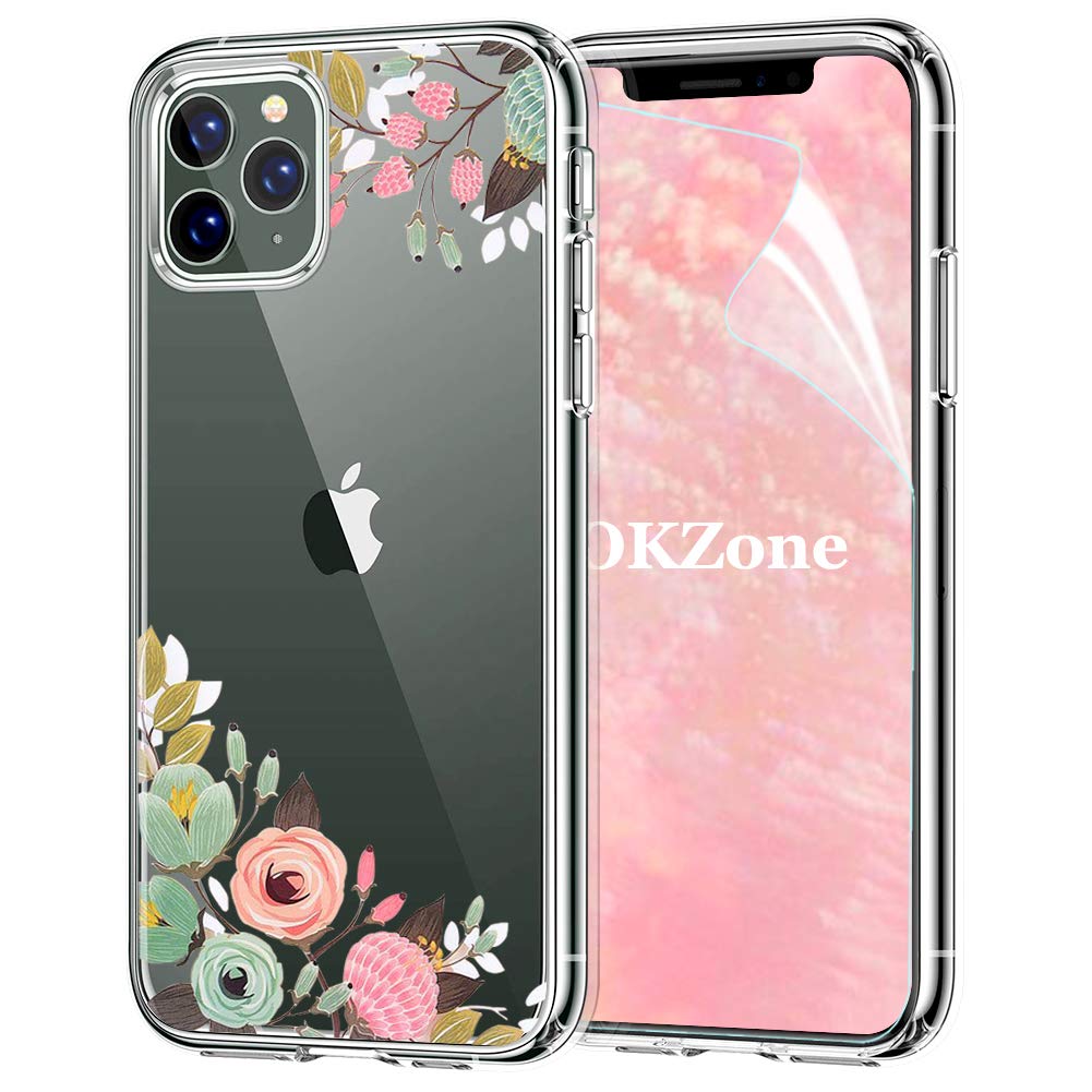 OKZone Case for iPhone 11 Pro (5.8 Inches) Case [with HD Screen Protector], [Flowers Pattern Design] Colorful Floral Pattern Printed Shockproof Clear Soft Flexible TPU Protective Case (Green)