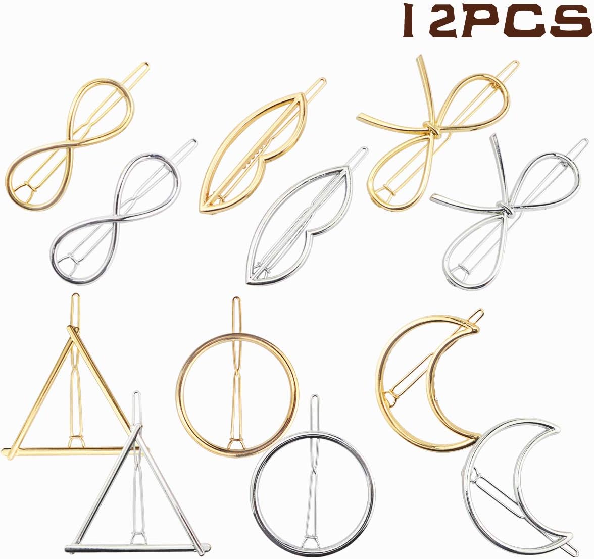 BeautyMood 12 pcs Metal Edge Hair Clips for Women and Girls,Gold and Silver Moon Triangle Circle Butterfly Lips Hair Barrettes Hair Pins for Girls Thick Hair Styling,Metal Hairpin Hair Clip Clamps