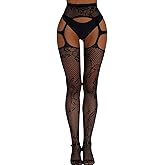 Amazleer Women's Cut Out Black Fishnet Stockings, High Waist Lace Suspender Pantyhose