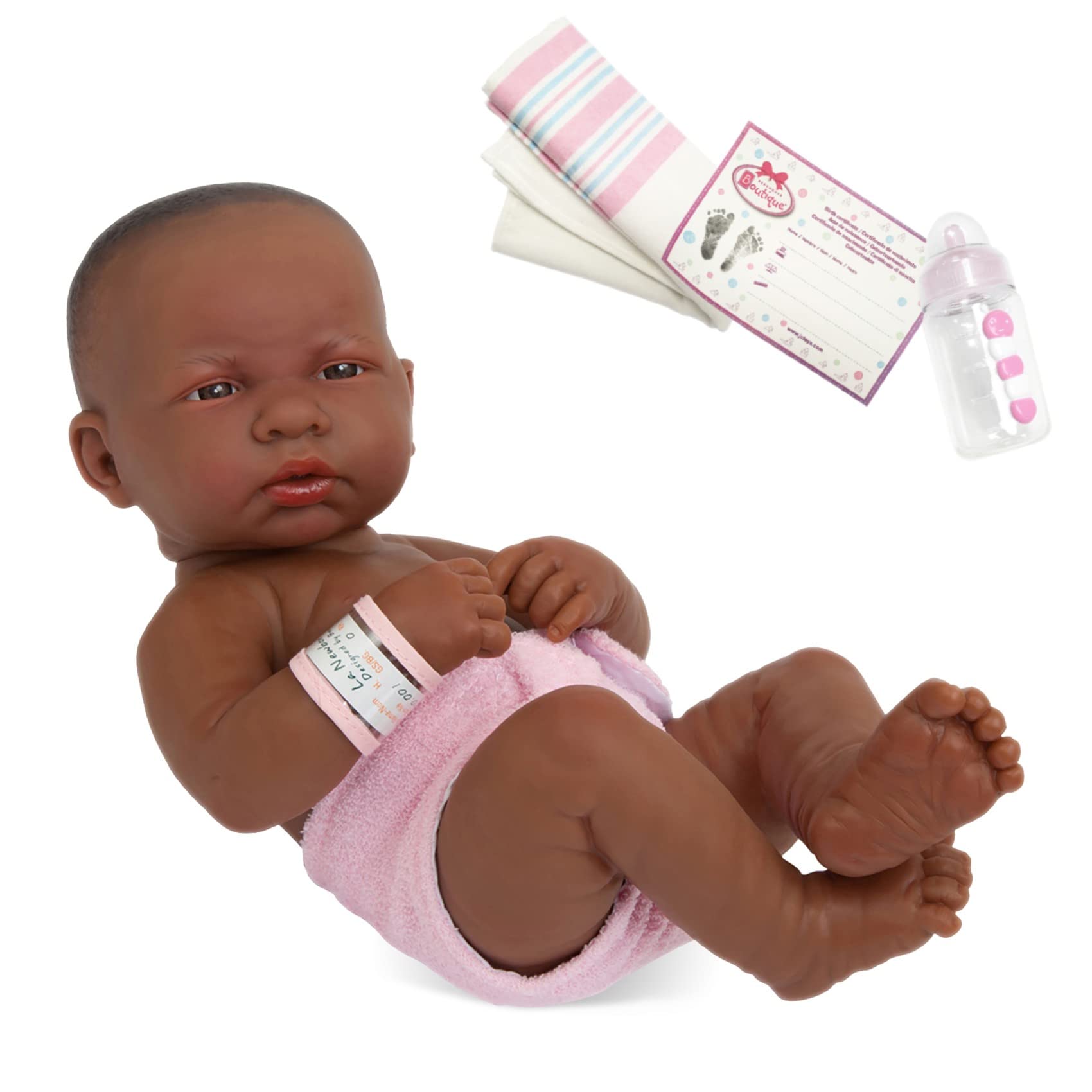 JC Toys - La Newborn First Day African American| Anatomically Correct Real Girl Baby Doll | 14" All-Vinyl | Made in Spain | Designed by Berenguer | Ages 2+, Pink