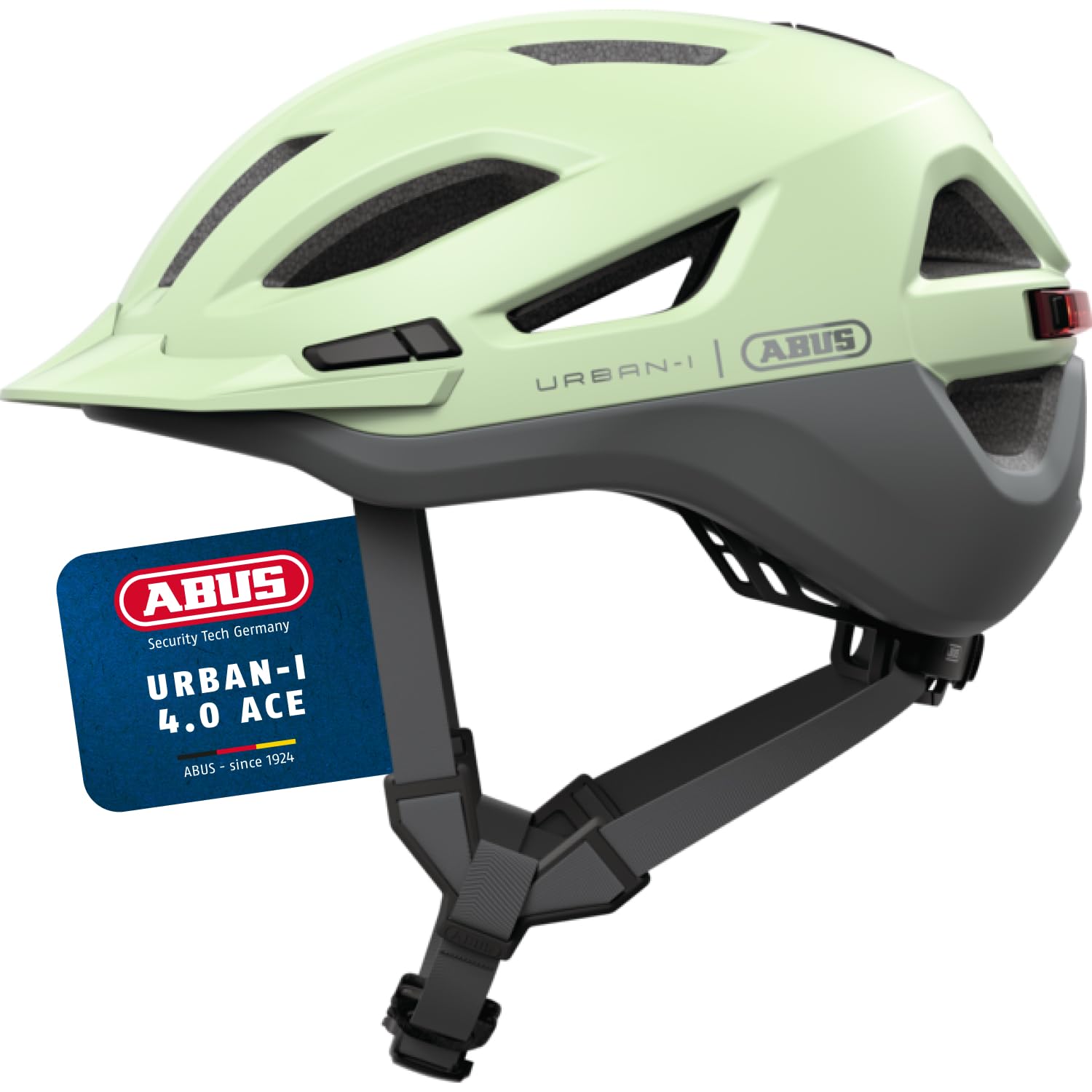ABUS Stadthelm Urban-I 4.0 ACE - Fahrradhelm mit aufladbarem Rücklicht, 4 Leuchtmodi, Schirm, Zopf-Öffnung und magnetischem Verschluss - für Jugendliche, Frauen und Männer - Größe L, grün