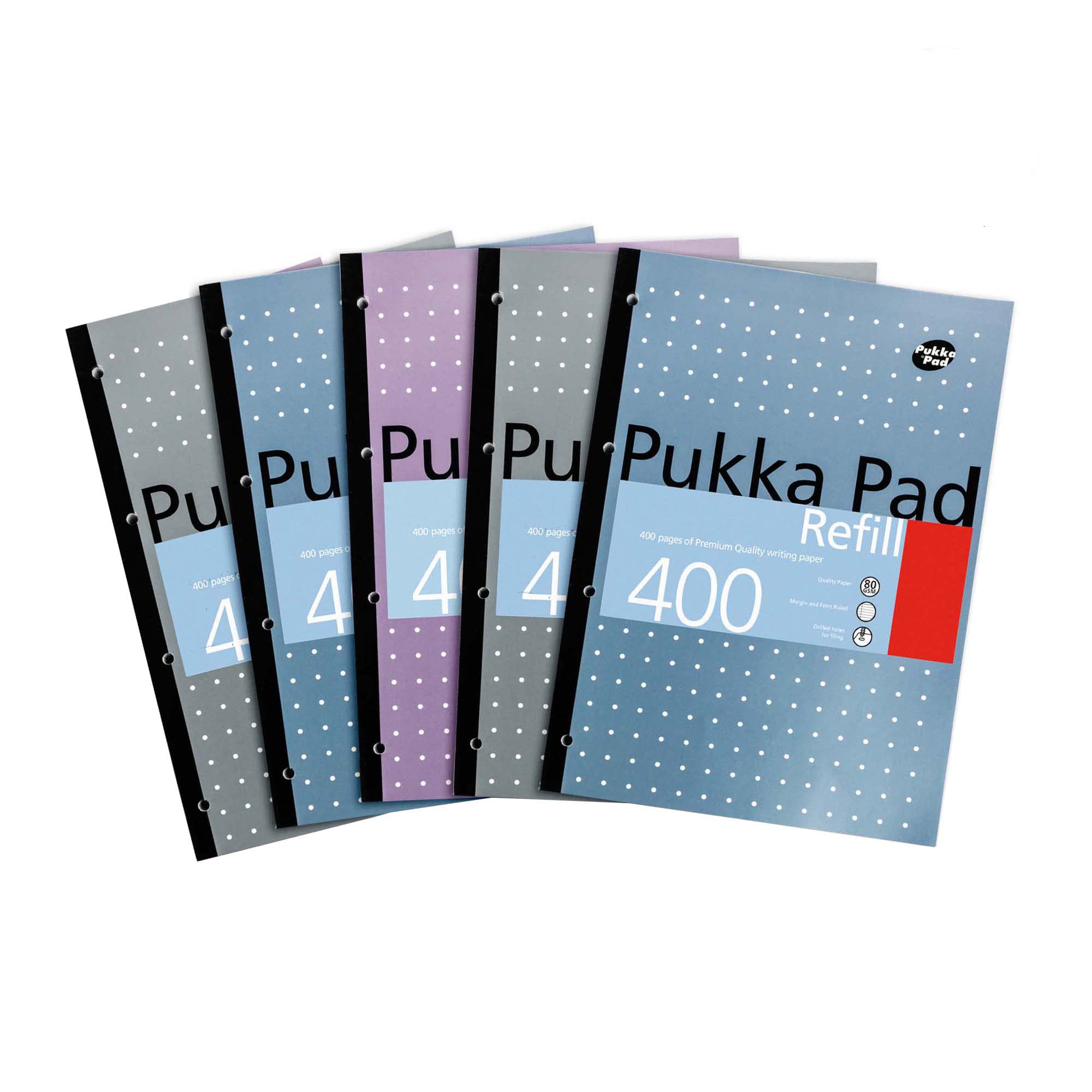 Pukka Pad A4 Refill Notepad – 5 Pack of Notebooks with 400 Pages of 80GSM Paper, 4-Hole Punch Margins, and Feint Ruled Lines – 29.7 x 21cm,Blue,White,Pink,Silver