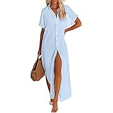 Breezy Lane Long Button Down Beach Cover Up for Women Short Sleeve Swimsuit Coverup Bathing Suit Cover Ups