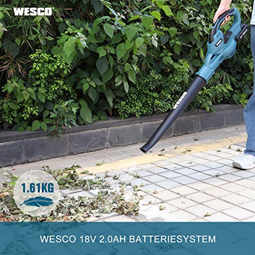 WESCO 18V 2.0Ah Akku Laubbläser, 12500 min-1, 200 km/h Blas-Luftstrom, 1.61kg, mit Akku und Ladgerät, für Garten, Garage und Auto