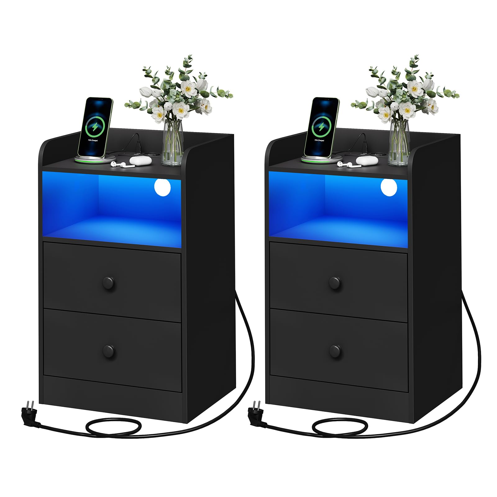 WOLTU Nachttisch 2er Set, mit Steckdose, Nachtschrank mit LED-Beleuchtung, schwarz, 2 Schubladen und 1 offenem Fach, 40 x 35 x 64 cm, geeignet für Schlafzimmer, Wohnzimmer, moderner Stil, NTS07sz-2