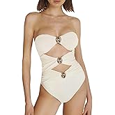 SherryDC Women's Cutout One Piece Swimsuit Bandeau Ruched Color Block High Waisted Bathing Suit with Removable Straps