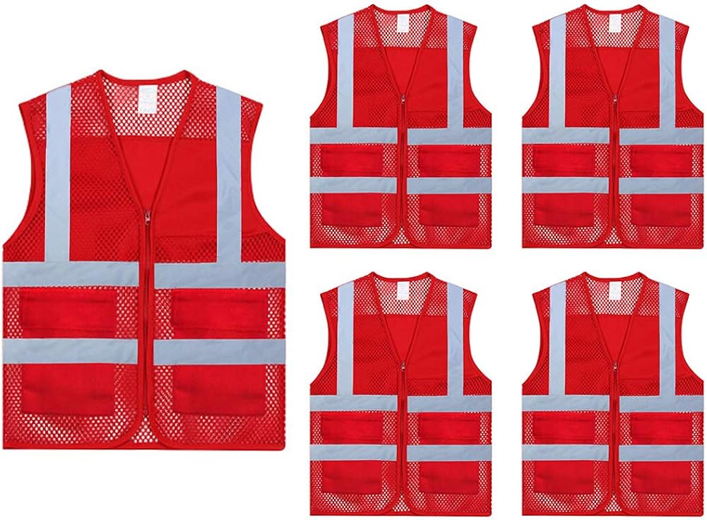 TOPTIE Pack of 5 Wholesale Unisex Volunteer Vest Safety Reflective Running Cycling Vest with Pockets: Clothing