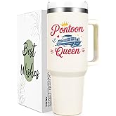 Gtmileo Pontoon Boat Gifts, Pontoon Queen Insulated Coffee Mug, Christmas Birthday Holiday Gift for Pontoon Owner Boat Lover Women (40-Oz, Beige)