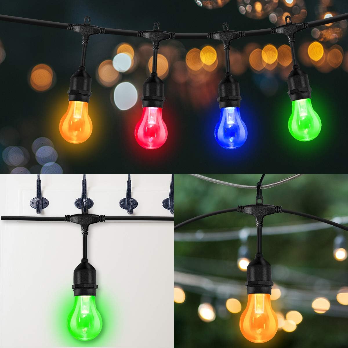 Elfeland LED Outdoor String Lights 48FT RGB Color Changing String Lights Dimmable Hanging Lights Patio Lights Backyard Lights Party Lights with 15Pcs Shatterproof LED Bulb & 2 Remote Controls: Home Improvement