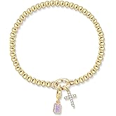 Free bird Cross Birthstone Bracelet | Dainty 14K Gold Plated Cross Charm Bracelet for Women | Stretchable Elastic Gold Beaded Bracelet | Stackable Trendy Birthstone Bracelet | Jewelry Gifts for Women