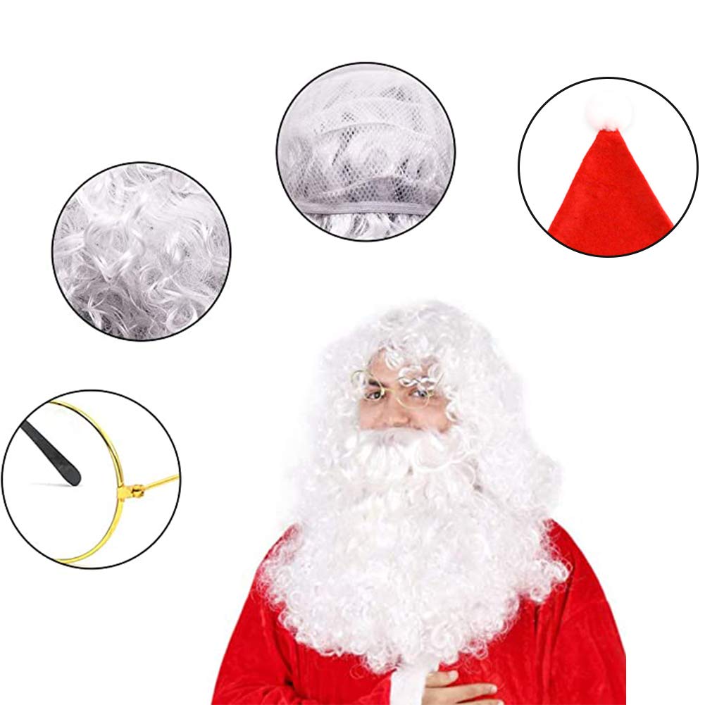 BigOtters BigOtters Santa Costume Accessory, 4pcs Christmas Set with Glasses, Xmas Hat, Deluxe Long White Santa Claus Beard and Wig for Men Women Cosplay Dress up Props