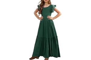 MITILLY Girls Lace Flower Ruffle Sleeve A-Line Swing Wedding Party Maxi Dress with Pockets