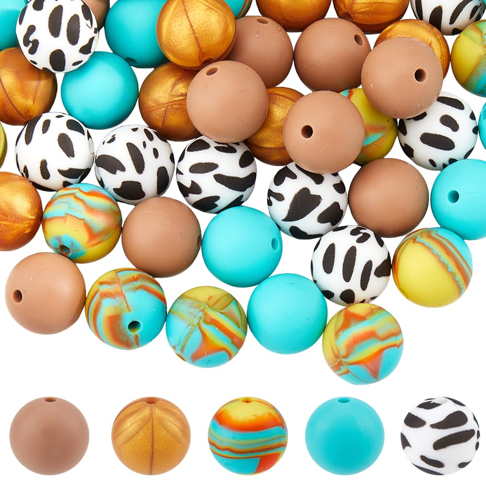 SUNNYCLUE 1 Box 50Pcs 5 Styles Silicone Bead Kit Rubber Beads Set 15mm Orange Blue Soft Round Flower Leopard Printed Loose Spacer Pen Bead for Jewellery Making Bracelet Keychain DIY Crafts Accessories