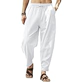 Gafeng Mens Linen Harem Pants Casual Loose Fit Beach Drawstring Elastic Waist Yoga Trousers with Pockets