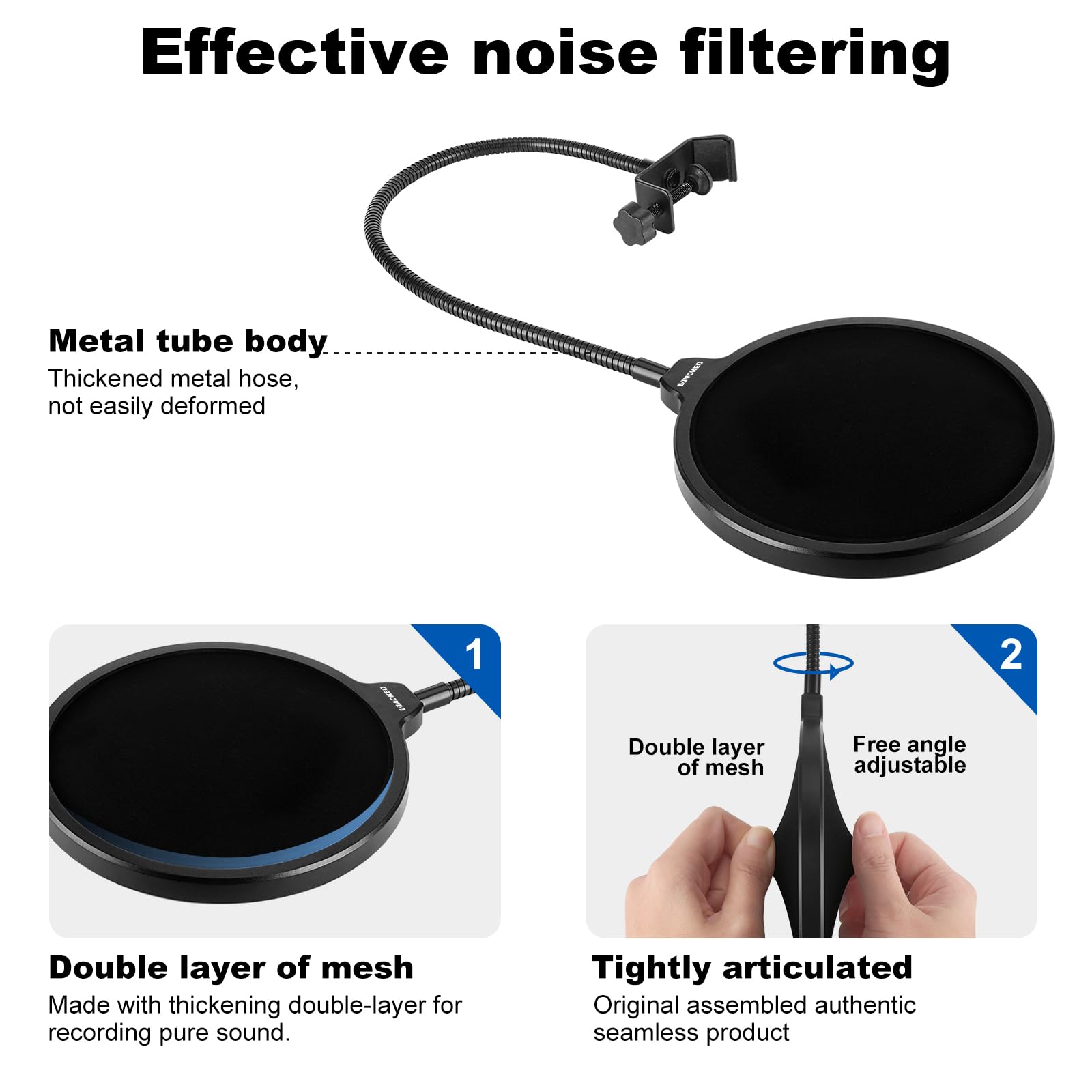 Aokeo Professional Microphone Pop Filter Mask Shield For Blue Yeti and Any Other Microphone, Mic Dual Layered Wind Pop Screen With A Flexible 360° Gooseneck Clip Stabilizing Arm