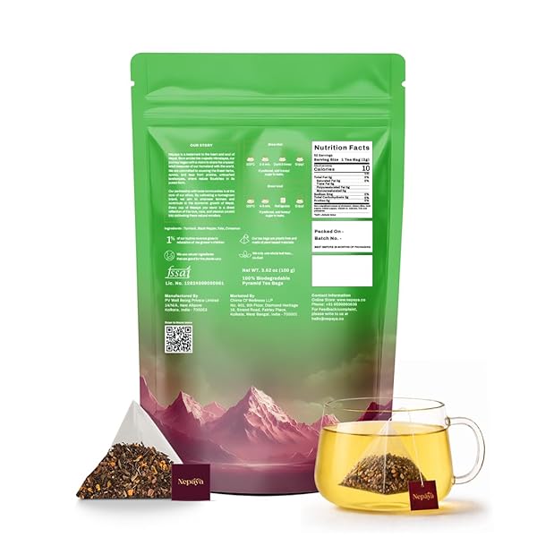 NEPAYA HERBAL TEA BAGS, 50 BIODEGRADABLE PYRAMID TEABAGS, CAFFEINE-FREE TULSI & TURMERIC HERBAL TEA WITH CINNAMON & BLACK PEPPER FLAVORS, FLORAL RELAXATION BLEND, PREMIUM HERBAL TEA BAGS, HOT OR ICED