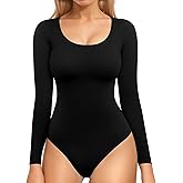 MANGOPOP Double Lined Long Sleeve Bodysuits for Women Scoop Neck Thong Short Bodysuit Tops Seamless