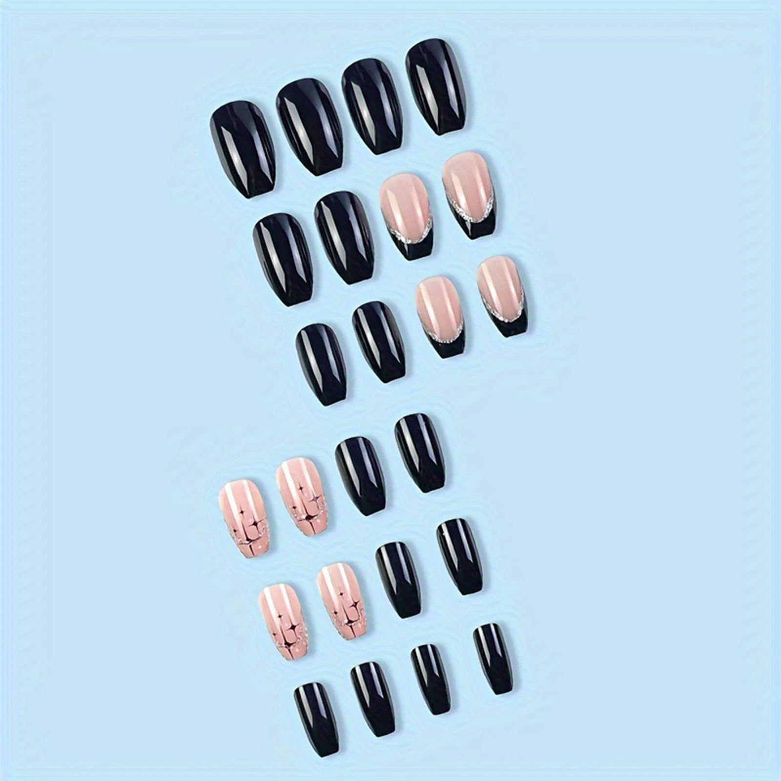 Black French Tip Press on Nails Medium Coffin Fake Nails with Silver Glitter French Tip Design Black Star Glue on False Nail Cross Star Square Acrylic Artificial Stick on Nail for Women Girls 24Pcs - Image 4