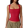 QINSEN Women's Square Neck Sleeveless Double-Layer Tank Tops Basic Tight T Shirts