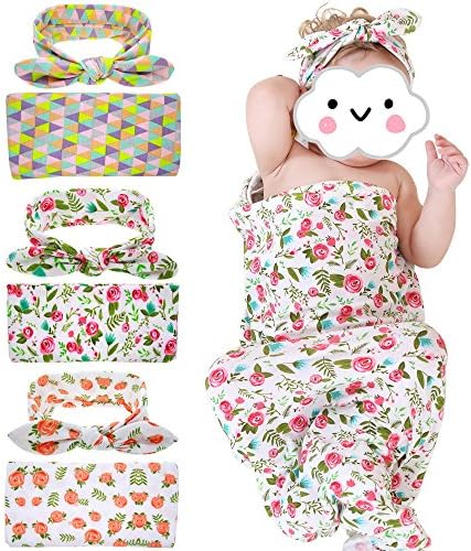 Swaddle Blanket Headband with Bow Flower Receiving Blankets Set for Newborn baby