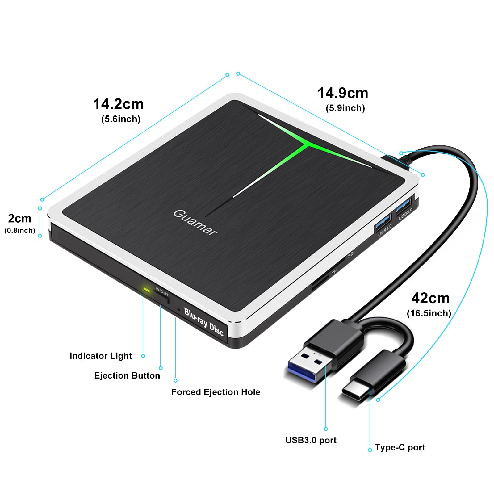 Guamar External Blu Ray Drive: USB 3.0 Type-C Blu Ray Burner with SD/TF Slot/2 USB Ports/Carrying Case - Portable Slim External Blueray/DVD Drive for PC Laptop Mac Windows 11