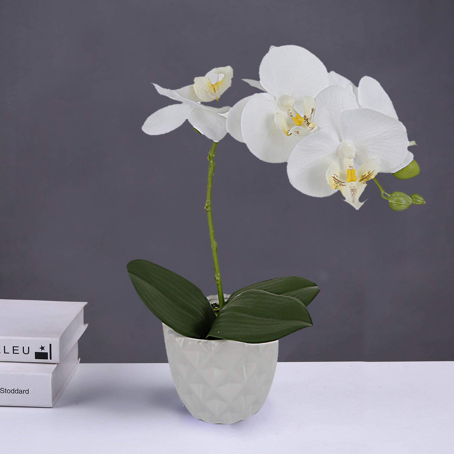 White Silk Artificial Orchids Arrangements With Ceramic Vase For Decoration Fake Flowers For Table Centerpiece Home Decor Office Wedding Party Vivid Lifelike Silk Flower Arrangements