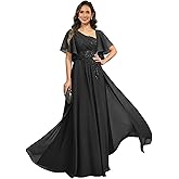 HIZWI V Neck Mother of The Bride Dresses with Sleeves Chiffon Lace Sequin A Line Long Formal Wedding Guest Dress