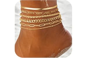 DEARMAY Waterproof Gold Ankle Bracelets for Women - Dainty 6Pcs 14K Gold Plated Anklets Layered Cuban Link Chain Herringbone Cute Anklets Set Pack Summer Beach Jewelry Gift for Women Teen Girls