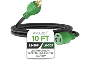 RVGUARD 3 Prong 30 Amp 10 Foot Generator Extension Cord, NEMA L5-30P/L5-30R 125V 10 Gauge SJTW Generator Power Cord, ETL Listed