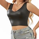 Women Tank Tops PU Leather Vest V Neck Sleeveless Crop Tops Tight Casual Slim Fit Underwear