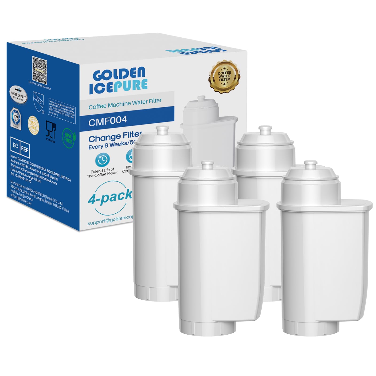 GOLDEN ICEPURE Coffee Machines Water Filter Compatible with Siemens® EQ Series Water Filters, EQ3/EQ6/EQ9, EQ500, S700, Brita® Intenza 575491, Bosch® TCZ7003, TCZ7033, NSF Certified, 4 Pieces