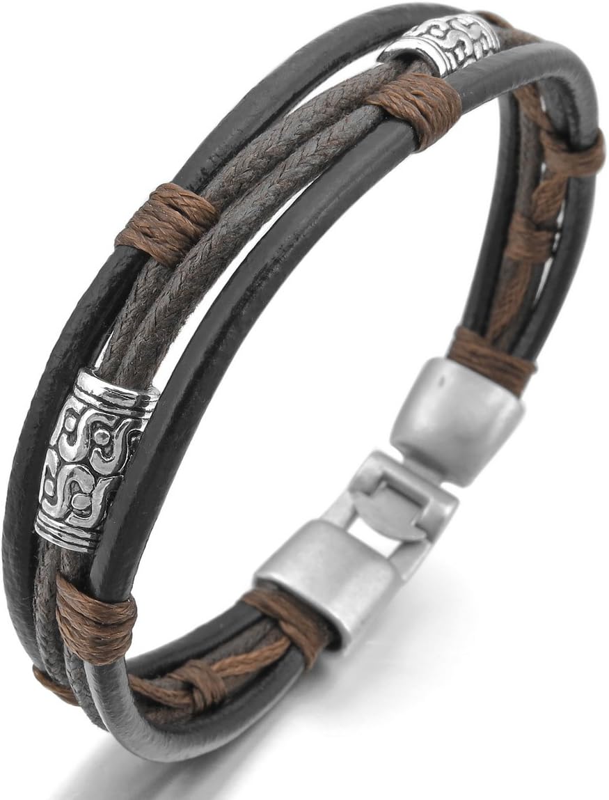 MunkiMix Alloy Genuine Leather Bracelet Bangle Rope Black Silver Tone Brown Men,Women
